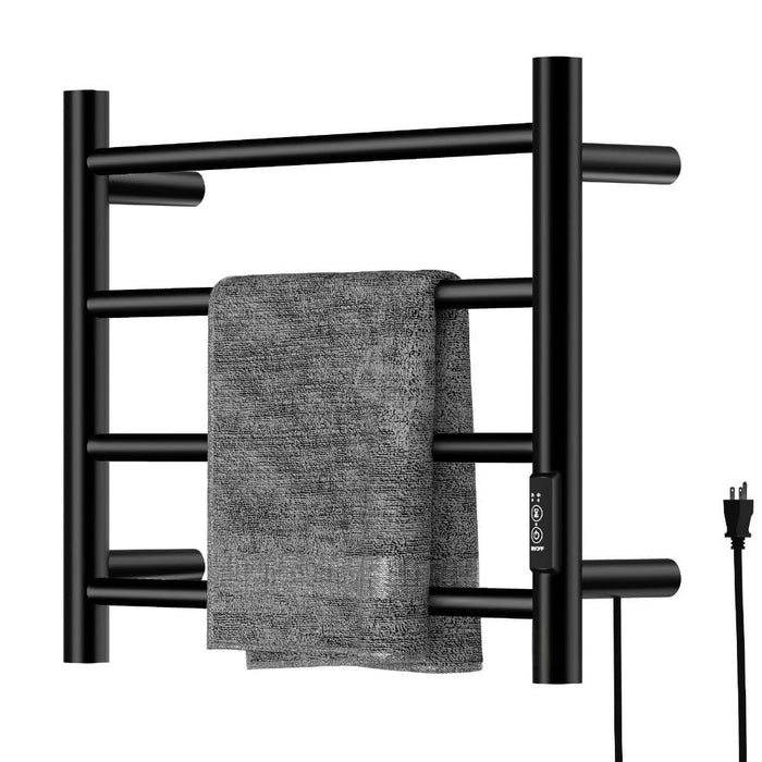 R FLORY 4 Bars Towel Warmer for Bathroom, Wall Mounted Electric Heated Towel Rack with Timer, Plug-in/Hardwired Stainless Steel Towel Heater, Matte Black