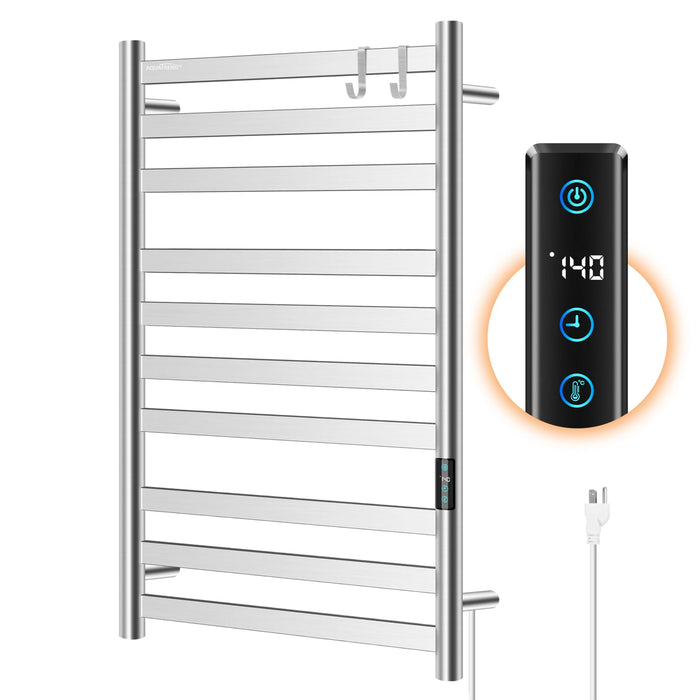 Heated Towel Rack for Bathroom, Towel Warmer with 10 Bar Flat Rack Large, Electric Hot Towel Rack Wall Mounted, LED Buit-in Timer, Plug-in, Stainless Steel, Fast Heating, Nickel