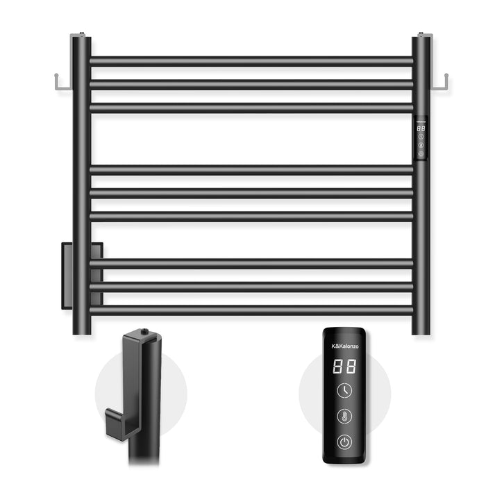 K&KALONZO Towel Warmer for Bathroom, Wall-Mounted 9-Bar Heated Towel Rack with Built-in Timer, Waterproof Electric Towel Heater, Support Plug-in and Hardwired, Matte Black, EL13S