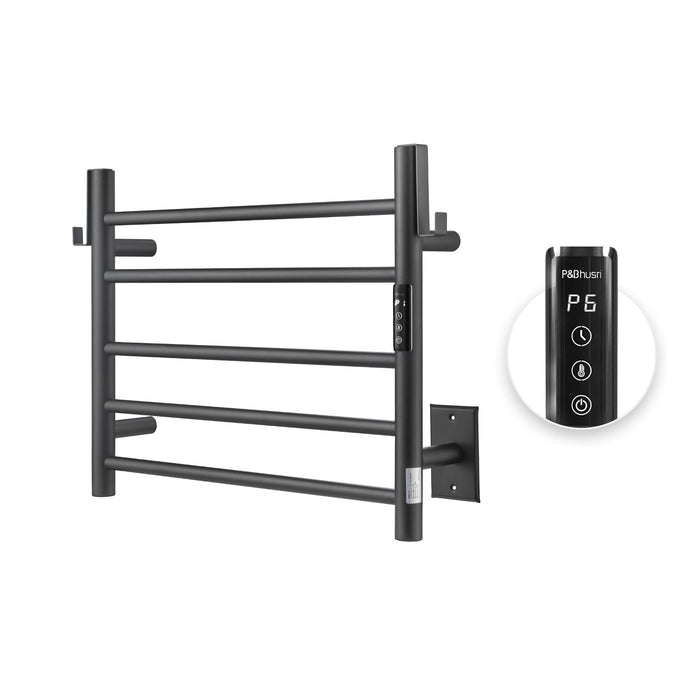 P&Bhusri Heated Towel Rack for Bathroom,Wall Mounted Electric Towel Rack with Timer and LED Indicator, 5-Bar Towel Warmer, Stainless Steel Matte Black, Hard-Wired/Plug-in