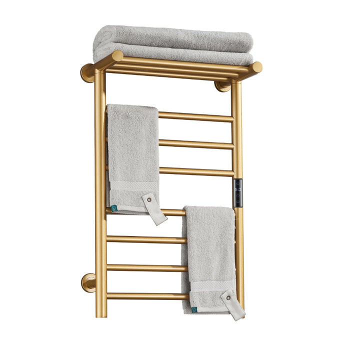 XMGJ Electric Towel Warmer Gold with Timer, 7 Bar Wall Mounted Heated Towel Rack for Bathroom, 304 Stainless Steel Heater Towel Rail with Top Shelf, Energy Efficient 70 W, 720*450*250Mm, Hardwiring