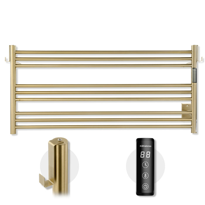 K&KALONZO Towel Warmer for Bathroom, Wall-Mounted 9-Bar Heated Towel Rack with Built-in Timer, Waterproof Electric Towel Heater, Support Plug-in and Hardwired, Brushed Gold, EL13L
