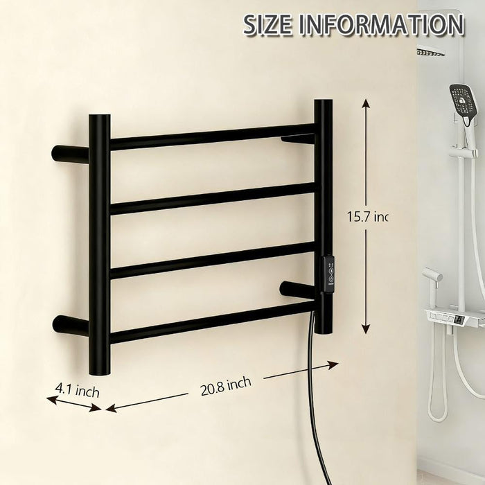 R FLORY 4 Bars Towel Warmer for Bathroom, Wall Mounted Electric Heated Towel Rack with Timer, Plug-in/Hardwired Stainless Steel Towel Heater, Matte Black