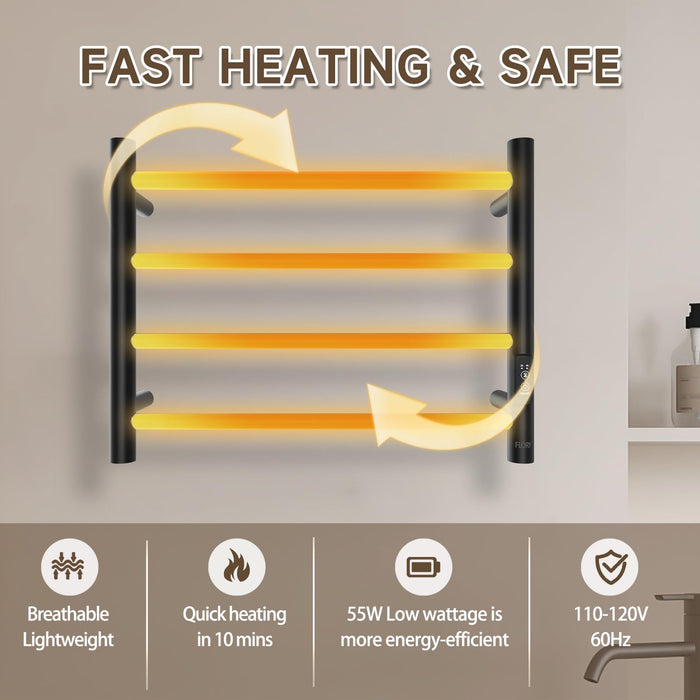 R FLORY 4 Bars Towel Warmer for Bathroom, Wall Mounted Electric Heated Towel Rack with Timer, Plug-in/Hardwired Stainless Steel Towel Heater, Matte Black