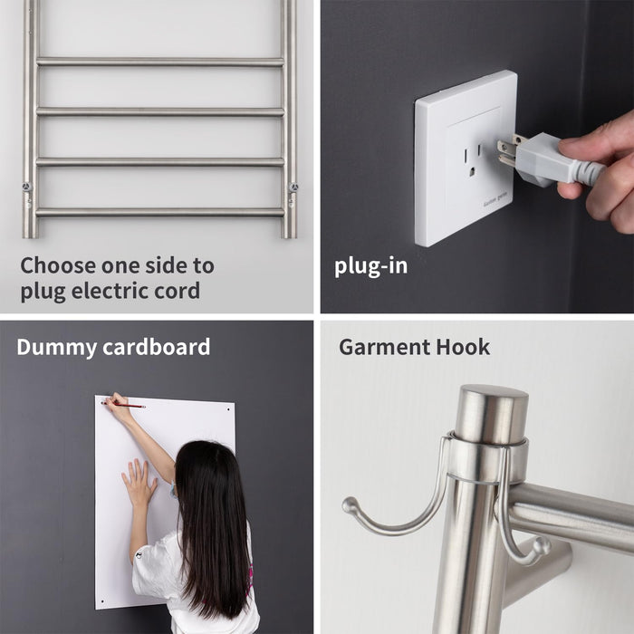 NORTTA Wall Mounted Towel Warmer 8 Bars with Plug-in and Hardwired Options 3 Working Modes Brushed Stainless Steel 21” W 34” H