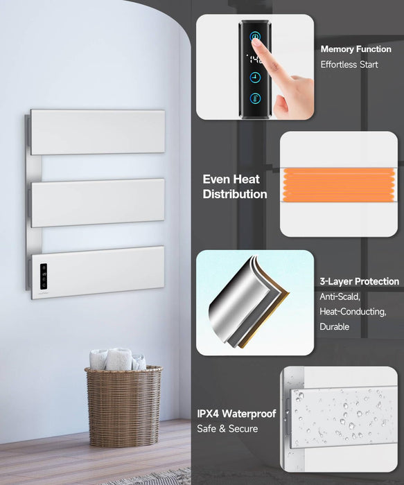 Towel Warmers for Bathroom, Hot Towel Warmer Wall Mounted with 3 Bar, Smart LED Control with Built-in Timer & Temperature, 21.6" X 17.7", Max 140°F, Plug-in & Hardwired, Fast Heating, Silver