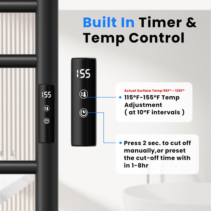 POPFLY Heated Towel Rack, 24 Inch Wide Large Towel Warmer Rack for Bathroom with Timer& Temp 5-Level Adjustments(115F°-155F°), 12 Bar Electric Towel Warmer Drying Racks, Plug-in, Black
