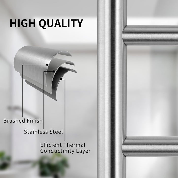NORTTA Wall Mounted Towel Warmer 8 Bars with Plug-in and Hardwired Options 3 Working Modes Brushed Stainless Steel 21” W 34” H