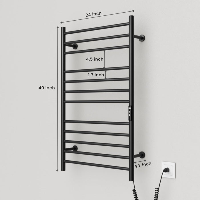 POPFLY Heated Towel Rack, 24 Inch Wide Large Towel Warmer Rack for Bathroom with Timer& Temp 5-Level Adjustments(115F°-155F°), 12 Bar Electric Towel Warmer Drying Racks, Plug-in, Black
