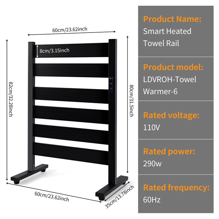 Towel Warmer Rack with 6 Widened Bars, Wall-Mounted Heated Towel Dryer with Timer, LED Display, 3 Temp Levels, Plug Overheat Protection, for Bathroom Spa Laundry (Matte Black)