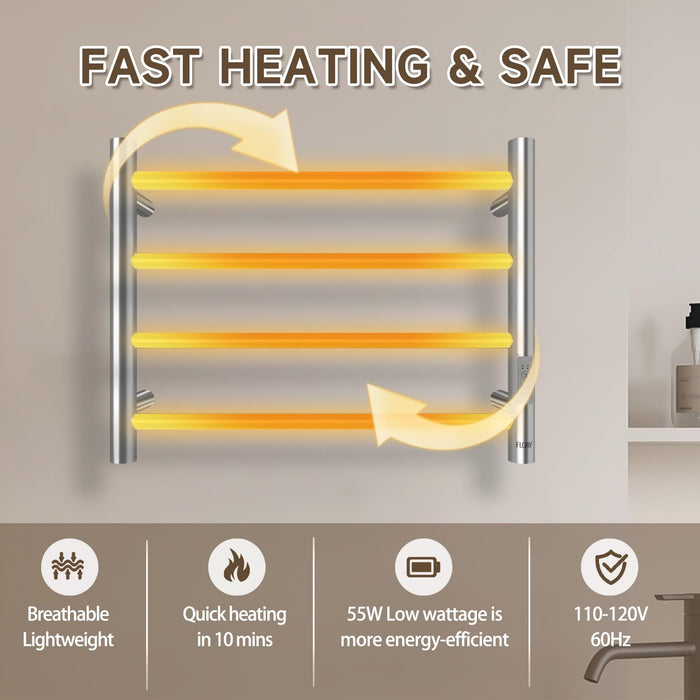 R FLORY Towel Warmer Rack for Bathroom Wall Mounted Heated Towel Warmers Dryer Plug-in/Hardwired Stainless Steel Electric Towel Warmer, 4 bar Brushed Nickel