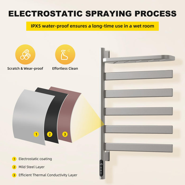 Electric Heated Towel Rack with Storage Rack, Rotating Towel Warmer Wall Mounted Drying Rack,Stainless Steel Towel Warmer 5 Bars with Built-in Timer, Plug-in or Hardwired,Grey
