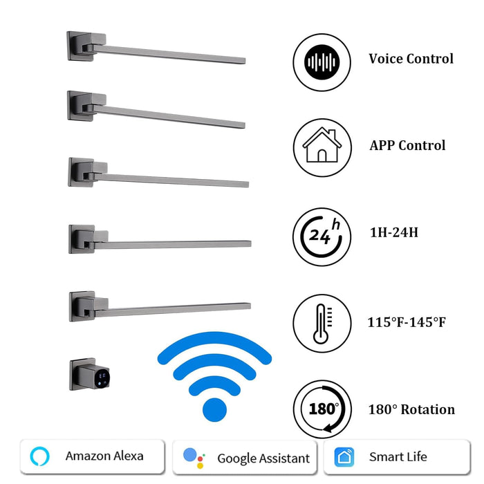 Smart Wall Mounted Towel Warmer Hardwired 93W Heated Rack with WiFi Voice Controlled, 180° Rotation, 115-145°F Adjustable, 24H Timer, Modern Gray Bathroom Heated Towel Rack