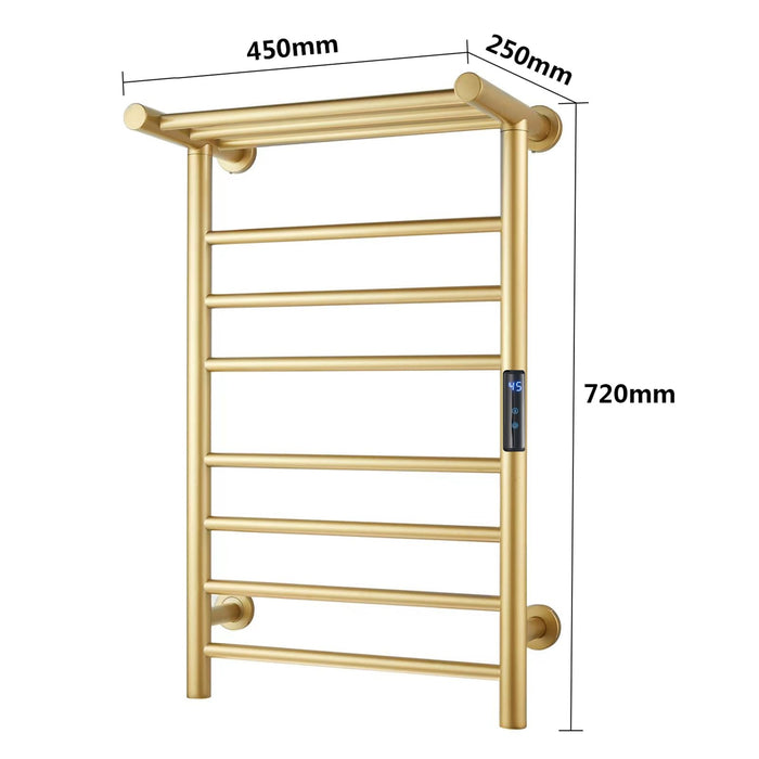XMGJ Electric Towel Warmer Gold with Timer, 7 Bar Wall Mounted Heated Towel Rack for Bathroom, 304 Stainless Steel Heater Towel Rail with Top Shelf, Energy Efficient 70 W, 720*450*250Mm, Hardwiring
