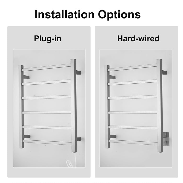 SHARNDY Towel Warmer Brushed Nickel for Bathroom Wall Mounted Bath Towel Heater Plug-in Square 6 Bars Drying Rack Stainless Steel Electric Heated Towel Rack 80W 27.48x21.57x2.17inches ETW13