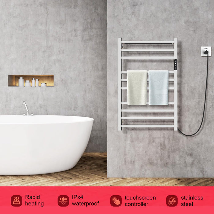 Colliford Towel Warmer,304 Stainless Steel Compact Towel Warmer Rack for Bathroom -10 Bars Wall Mounted Towel Heater with Intelligent Touch Screen Timer, Hard Wired/Plug-in, (Compact Design)
