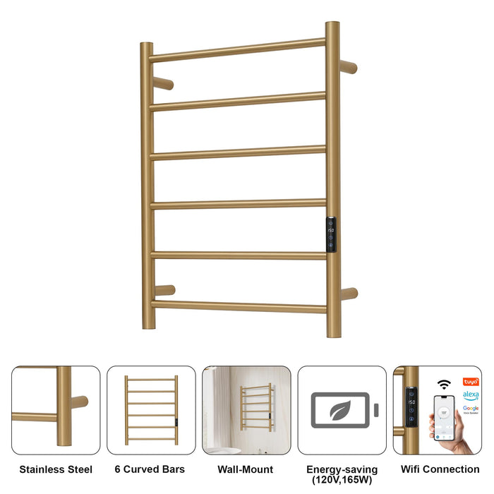 SHARNDY Electric Towel Rack with Voice Control for Alexa & Google Home,TUYA-Wall-Mounted Bathroom Heating Towel Warmer,Plug-in,26.77x20.47x4.39in,Stainless Steel Material,Gold，6 Bars