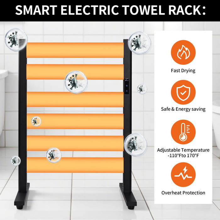Towel Warmer Rack with 6 Widened Bars, Wall-Mounted Heated Towel Dryer with Timer, LED Display, 3 Temp Levels, Plug Overheat Protection, for Bathroom Spa Laundry (Matte Black)