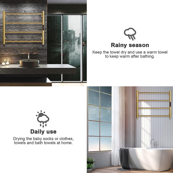 4 Bars Gold Towel Warmer Rack, Wall Mounted Heated Towel Rack with Timer & Temperature Control, Electric Towel Warmers for Bathroom (4 Bars Brushed Gold D, Hardwired)