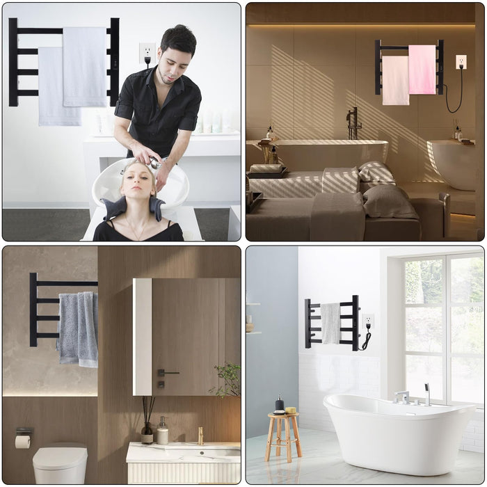 Towel Warmer Heated Towel Bar-Rack - Nopwer Bathroom Wall Mounted Electric Towel Drying Plug-in Matte Black 4 Bars
