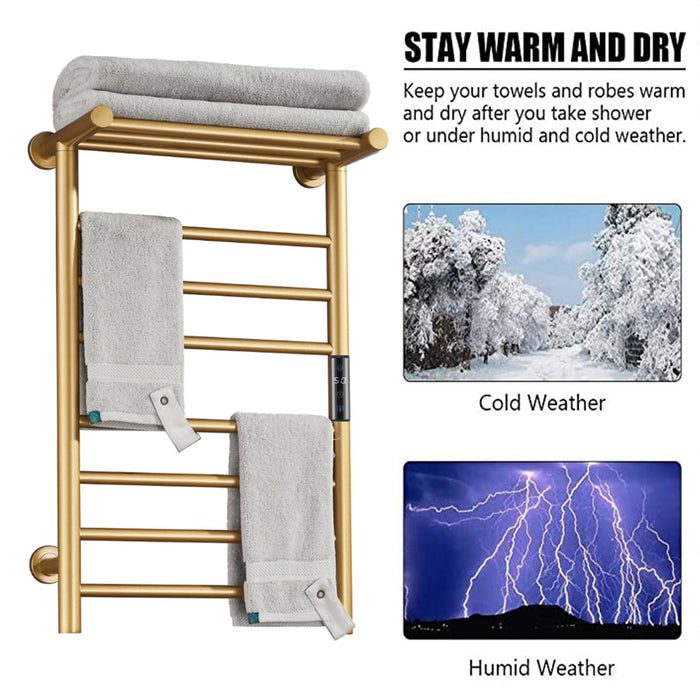 XMGJ Electric Towel Warmer Gold with Timer, 7 Bar Wall Mounted Heated Towel Rack for Bathroom, 304 Stainless Steel Heater Towel Rail with Top Shelf, Energy Efficient 70 W, 720*450*250Mm, Hardwiring