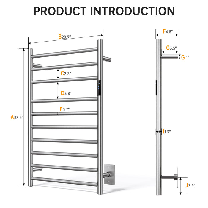 AquivaCoast Towel Warmer Rack, Heated Towel Racks for Bathroom, Wall Mounted Towel Warmer, Stainless Steel 10-Bars Drying Rack with Intelligent Touch Screen Timer, Brushed Nickel