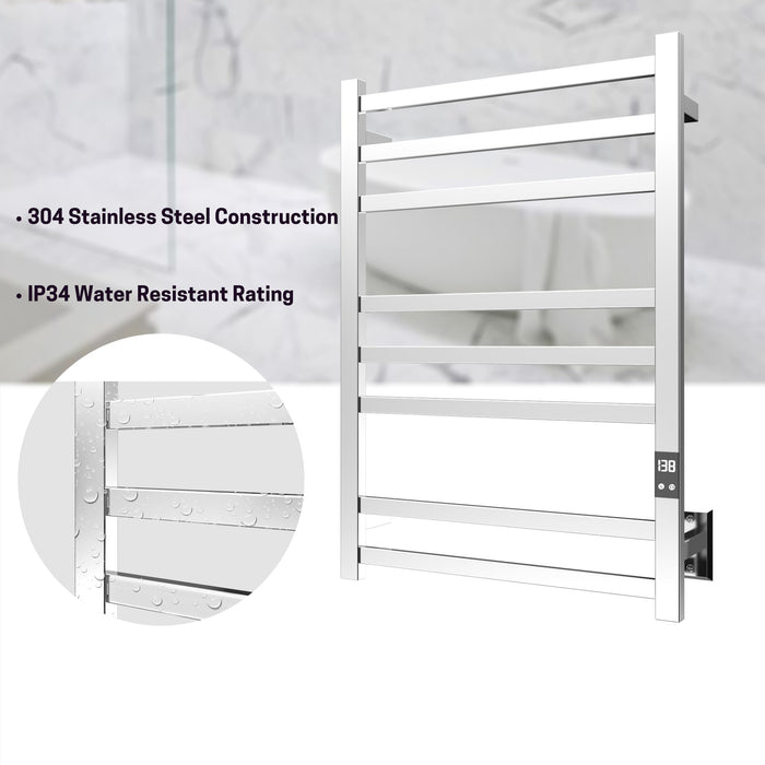 PeakTrivol 8-Bar Towel Warmer - Fast Heating, Auto Shut-Off Timer, LED Display Panel - Hardwired or Plug-in Options - Polished 304 Stainless Steel - Ideal for Bathroom - Hot Towel Warmer Rack