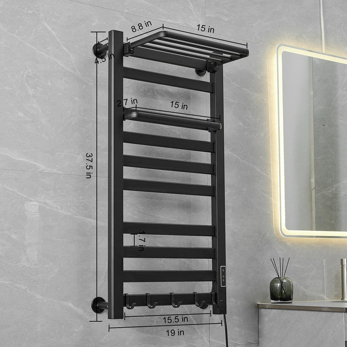 Electric Towel Warmer, Wall Mounted Heated Towel Racks for Bathroom, Plug-in Towel Heater, 10 Bars Electric Towel Rack with Timer and LED Indicator Aluminum Matte Black