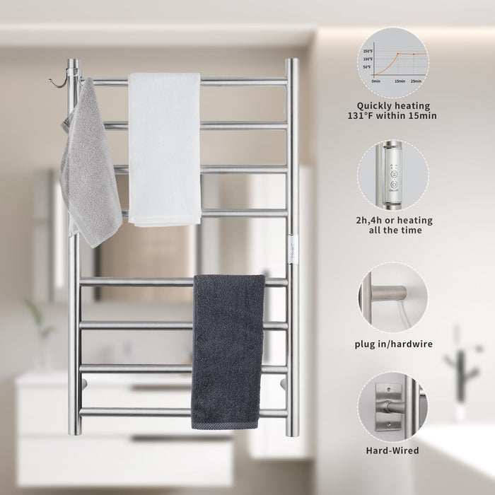 NORTTA Wall Mounted Towel Warmer 8 Bars with Plug-in and Hardwired Options 3 Working Modes Brushed Stainless Steel 21” W 34” H