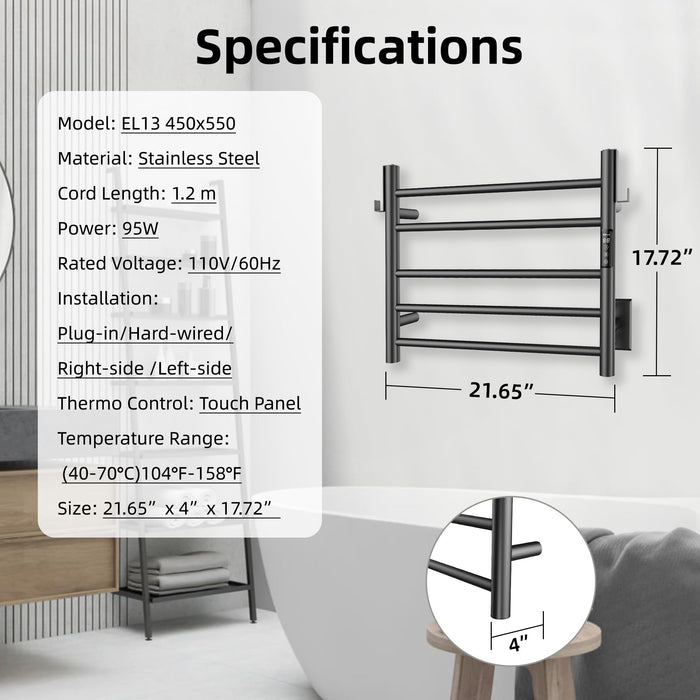 P&Bhusri Heated Towel Rack for Bathroom,Wall Mounted Electric Towel Rack with Timer and LED Indicator, 5-Bar Towel Warmer, Stainless Steel Matte Black, Hard-Wired/Plug-in