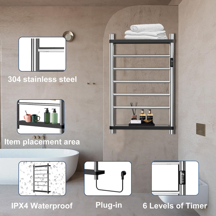 Towel Warmer Rack,Heated Towel Racks for Bathroom,Wall-Mounted Hot Towel Rack with LED Touch Display Timer and Temperature Control with 5 Electric Heated Stainless Steel Bars for Bathroom