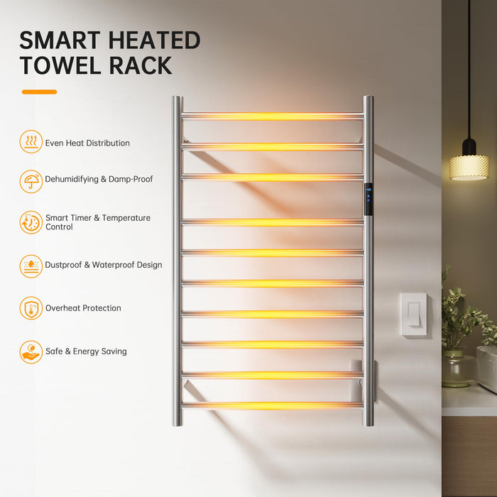 AquivaCoast Towel Warmer Rack, Heated Towel Racks for Bathroom, Wall Mounted Towel Warmer, Stainless Steel 10-Bars Drying Rack with Intelligent Touch Screen Timer, Brushed Nickel