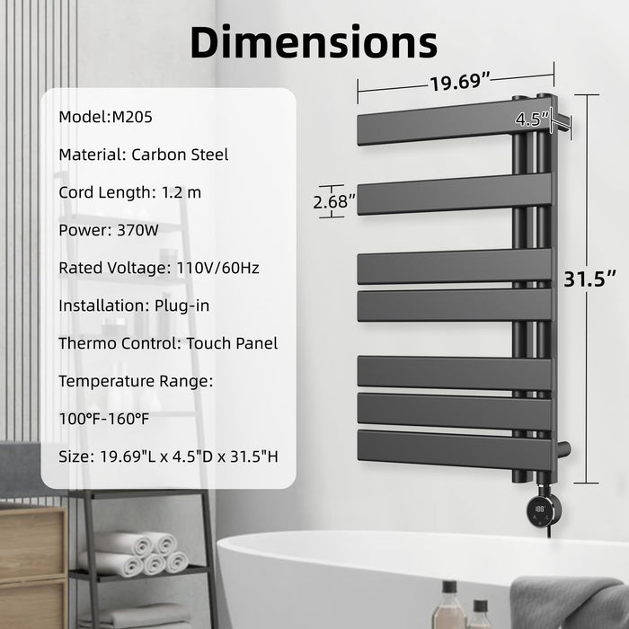 P&Bhusri Electric Towel Dryer, Heated Towel Rack with Touch Panel, H31.5 x W19.69 Plug-in, Flat 8 Bar Towel Warmer, 6 Level Heating & 4 Modes Timer, Matte Black, M205-800X500RTB