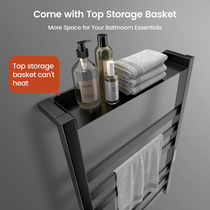 Colliford Towel Warmer,Stainless Steel Towel Warmer Rack for Bathroom -6 Bars with Shelf Wall Mounted Towel Heater with Intelligent Touch Screen Timer, Hard Wired/Plug-in, Black