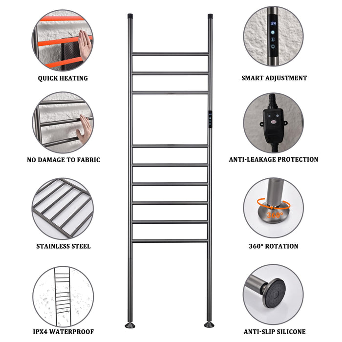 Heated Towel Rack Grey Freestanding Towel Warmer 9-Bar 110W Smart WiFi Towel Warmer Voice Control Hot Towel Rack with Timer, 115°F—155°F, Blanket Ladder Holder, Stainless Steel, IPX4, Plug-in