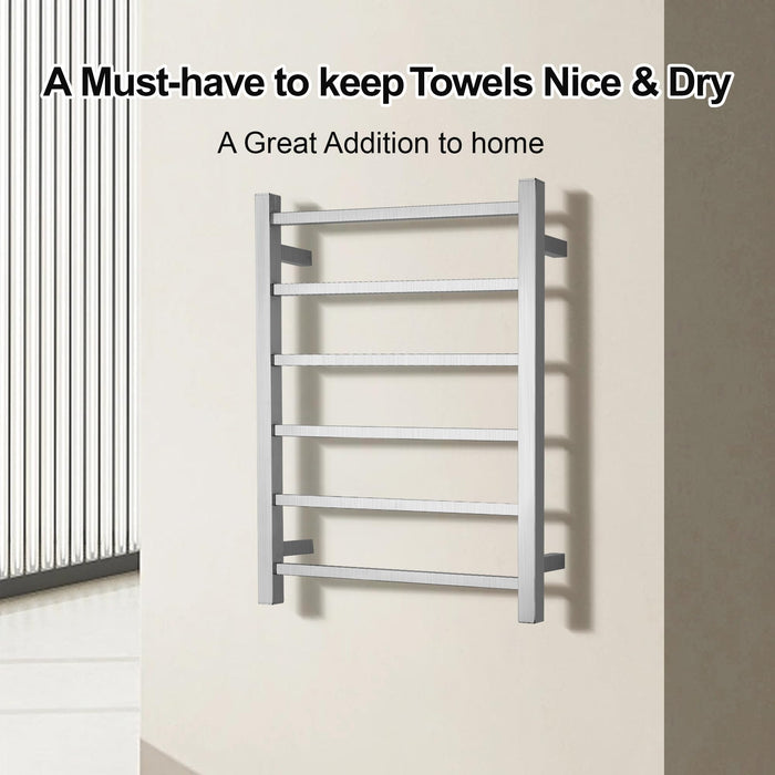 SHARNDY Towel Warmer Brushed Nickel for Bathroom Wall Mounted Bath Towel Heater Plug-in Square 6 Bars Drying Rack Stainless Steel Electric Heated Towel Rack 80W 27.48x21.57x2.17inches ETW13