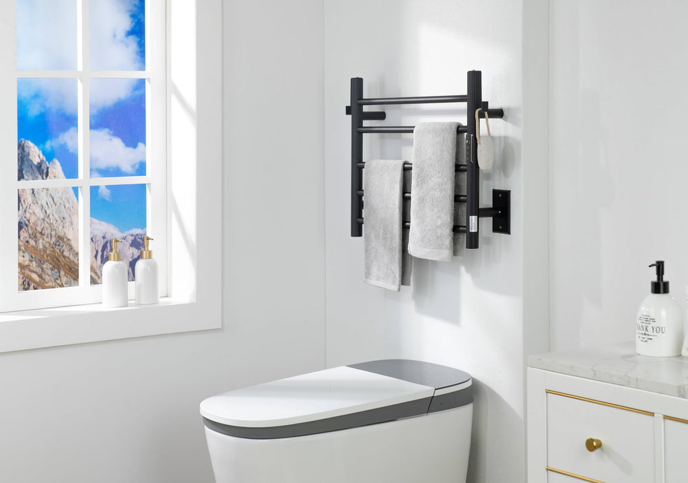 P&Bhusri Heated Towel Rack for Bathroom,Wall Mounted Electric Towel Rack with Timer and LED Indicator, 5-Bar Towel Warmer, Stainless Steel Matte Black, Hard-Wired/Plug-in