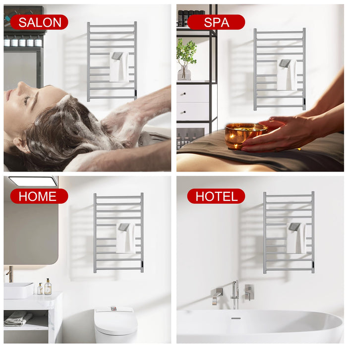 BLARALA Heated Towel Racks for Bathroom, Wall Mounted Electric Towel Warmer Racks with Timer & Temperature Control, 10 Bar Stainless Steel Towel Heater for Bathroom, Brushed Silver, Plug-in
