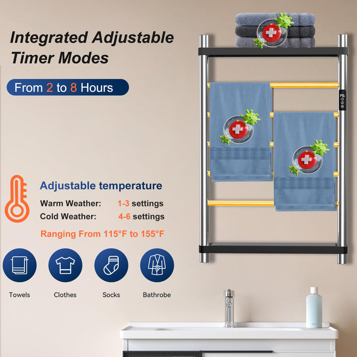 Towel Warmer Rack,Heated Towel Racks for Bathroom,Wall-Mounted Hot Towel Rack with LED Touch Display Timer and Temperature Control with 5 Electric Heated Stainless Steel Bars for Bathroom