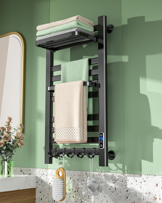 Electric Towel Warmer, Wall Mounted Heated Towel Racks for Bathroom, Plug-in Towel Heater, 10 Bars Electric Towel Rack with Timer and LED Indicator Aluminum Matte Black
