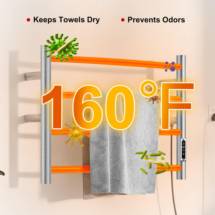 BLARALA Heated Towel Racks for Bathroom, Wall Mounted Electric Towel Warmer Racks with Timer & Temperature Control, 4 Bar Stainless Steel Towel Heater for Bathroom, Brushed Silver, Plug-in