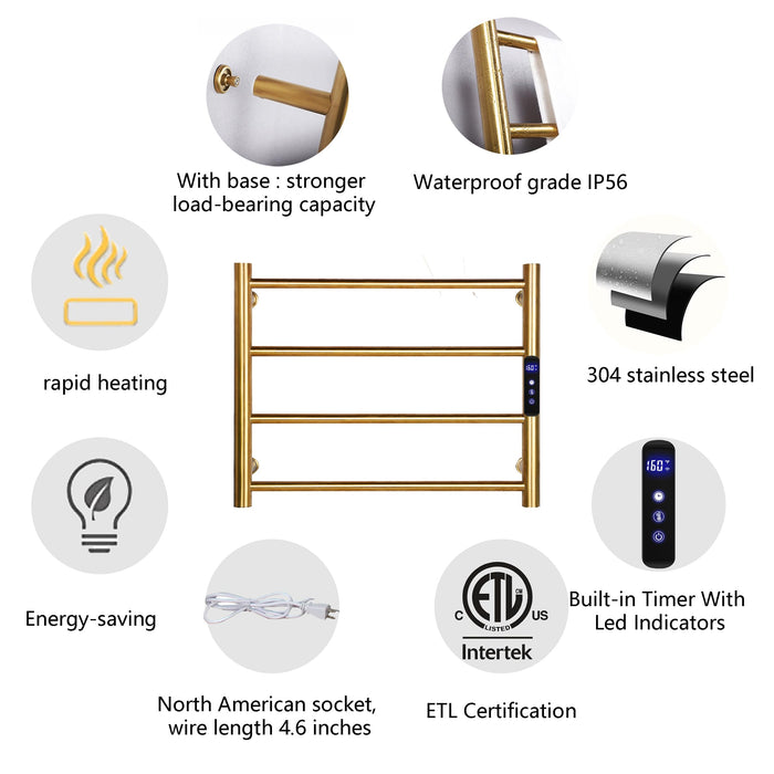 4 Bars Gold Towel Warmer Rack, Wall Mounted Heated Towel Rack with Timer & Temperature Control, Electric Towel Warmers for Bathroom (4 Bars Brushed Gold D, Hardwired)