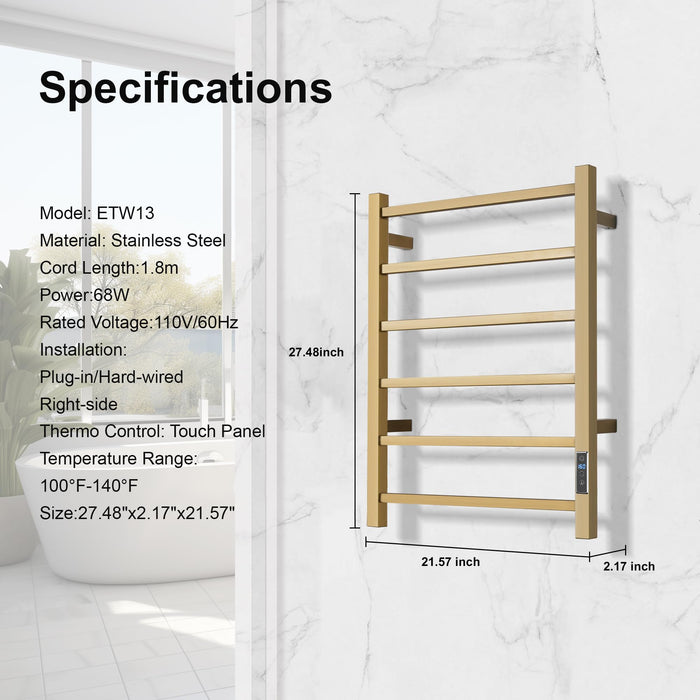 SHARNDY Towel Warmer with Built-in Timer Bathroom Wall Mounted Bath Towel Heater Plug-in Electric Heated Towel Rack Stainless Steel Curved Oil Rubbed Drying Rack 27.48x21.57x2.13 inches Gold