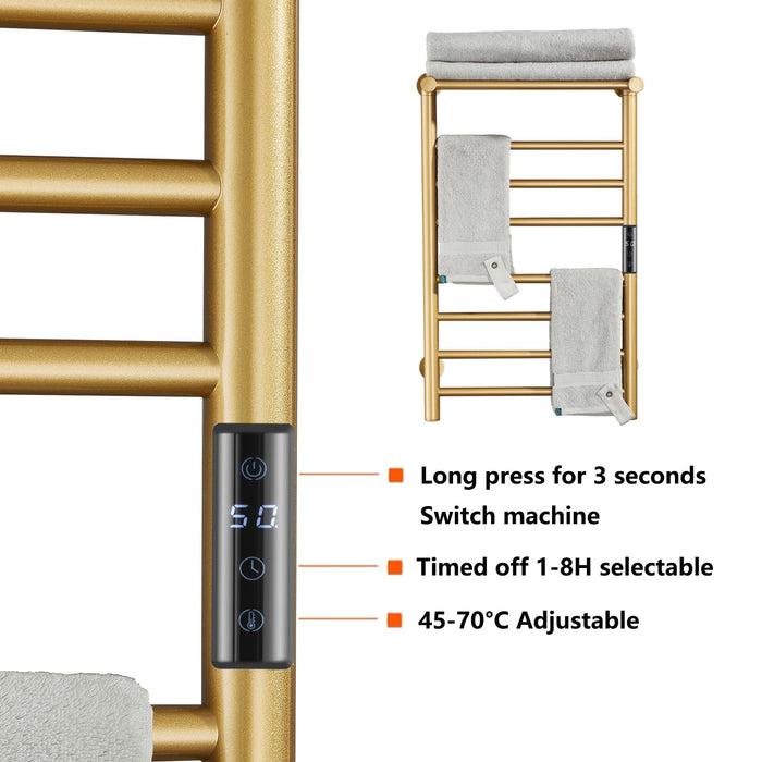 XMGJ Electric Towel Warmer Gold with Timer, 7 Bar Wall Mounted Heated Towel Rack for Bathroom, 304 Stainless Steel Heater Towel Rail with Top Shelf, Energy Efficient 70 W, 720*450*250Mm, Hardwiring