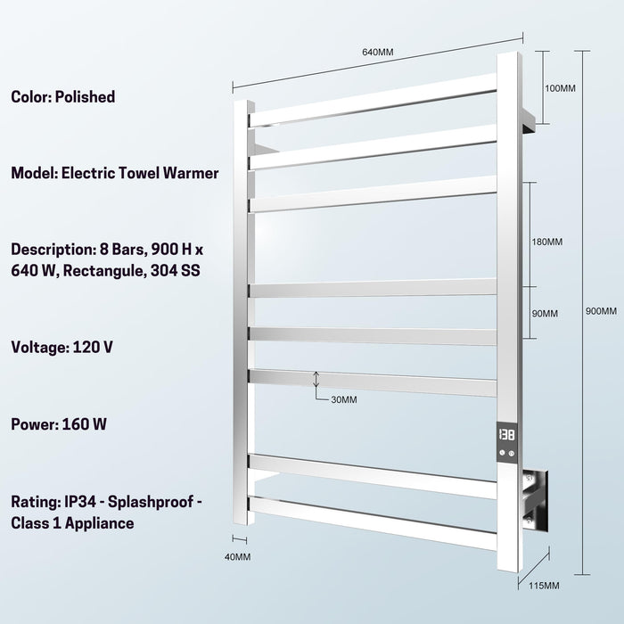 PeakTrivol 8-Bar Towel Warmer - Fast Heating, Auto Shut-Off Timer, LED Display Panel - Hardwired or Plug-in Options - Polished 304 Stainless Steel - Ideal for Bathroom - Hot Towel Warmer Rack