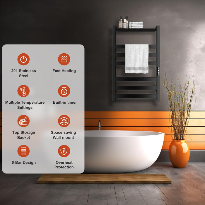Colliford Towel Warmer,Stainless Steel Towel Warmer Rack for Bathroom -6 Bars with Shelf Wall Mounted Towel Heater with Intelligent Touch Screen Timer, Hard Wired/Plug-in, Black