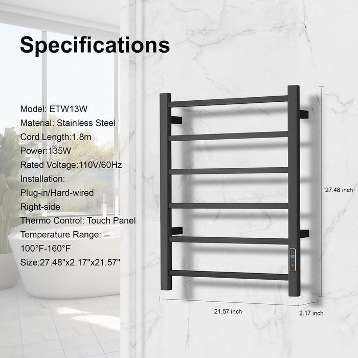 SHARNDY Towel Warmer with Built-in Timer for Bathroom Wall Mounted Bath Towel Heater Plug-in Electric Heated Towel Rack Black ETW13S