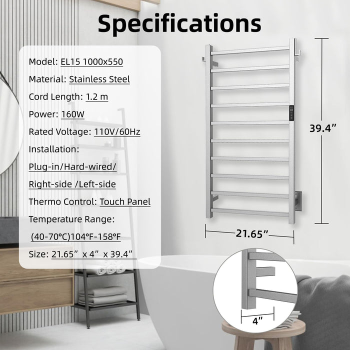 P&Bhusri Towel Warmer, 10-Bar Heated Towel Rack for Bathroom, Electric Towel Warmer with Timer & Temperature Multi-Level Adjustments, Brushed, Plug-in/Hard-Wired