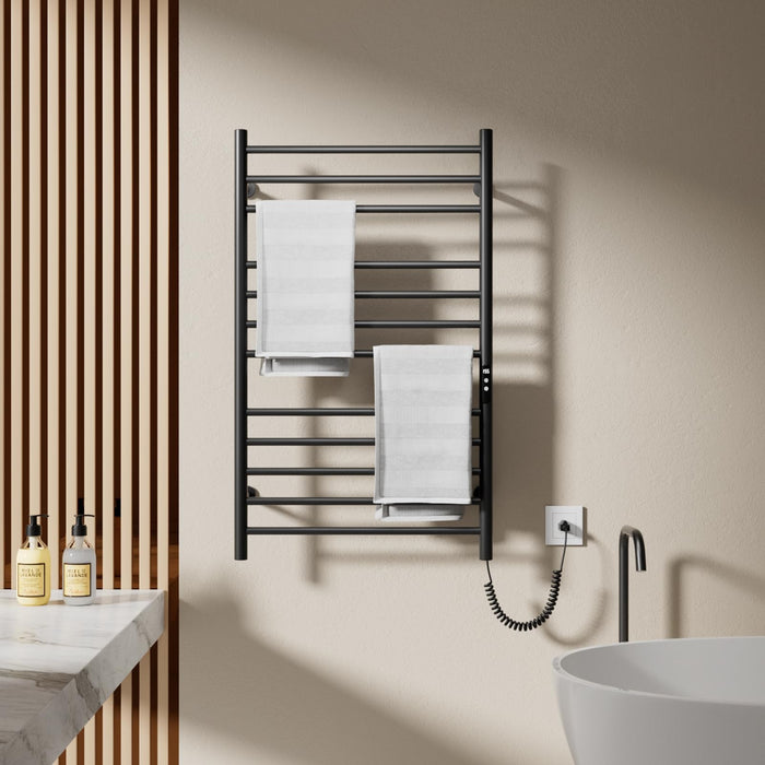 POPFLY Heated Towel Rack, 24 Inch Wide Large Towel Warmer Rack for Bathroom with Timer& Temp 5-Level Adjustments(115F°-155F°), 12 Bar Electric Towel Warmer Drying Racks, Plug-in, Black