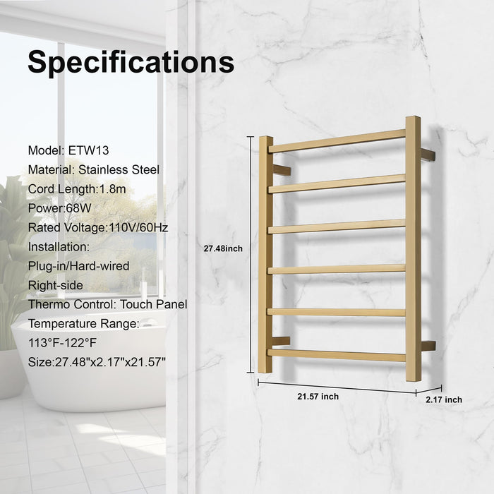 SHARNDY Electric Towel Warmer - Wall Mounted Bathroom Heated Towel Rack, Plug-in Design & Brushed Stainless Steel Finish Gold